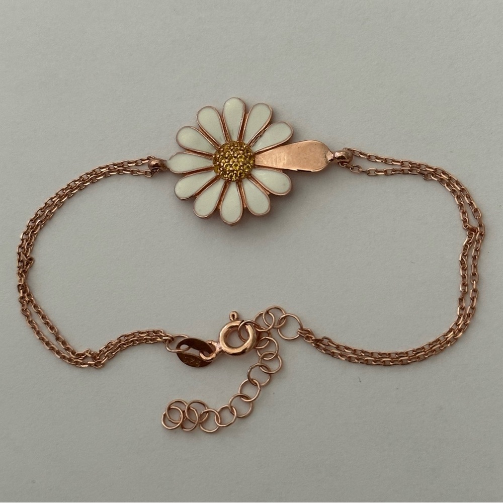 925 Silver daisy bracelet cz initial handmade enamel 14k rose gold plated